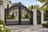 Kuta brama wjazdowa dwuskrzydłowa z ornamentyką neobarokową, model sd125 — aranżacja europejskiej posesji z dopasowanymi elementami ogrodzenia. Wizualizacja AI.