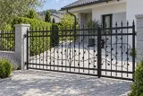 Kuta brama wjazdowa i furtka z motywami florystycznymi, model sd102 — aranżacja europejskiej posesji z dopasowanymi elementami ogrodzenia. Wizualizacja AI.