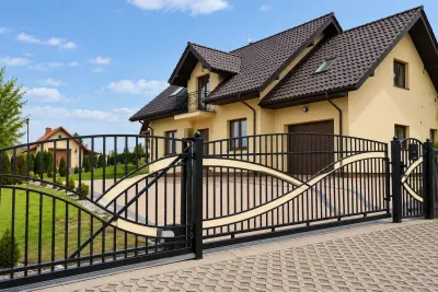 Kuta brama wjazdowa przesuwna z dynamicznym wzorem horyzontalnym, model BP13 — odtworzone ujęcie oryginalne. Wizualizacja AI.