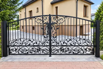 Kuta brama wjazdowa uchylna, ornamentyka secesyjna, model BU125 — odtworzone ujęcie oryginalne. Wizualizacja AI.