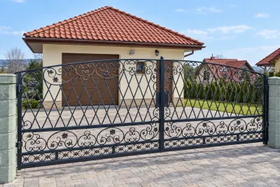 Kuta brama wjazdowa uchylna z klasycznymi zdobieniami, model BU35 — odtworzone ujęcie oryginalne. Wizualizacja AI.