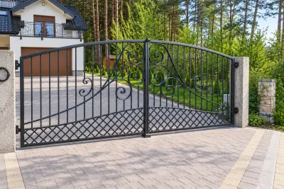 Kuta brama wjazdowa uchylna z motywami spiralnymi i kratownicą, model BU124 — odtworzone ujęcie oryginalne. Wizualizacja AI.