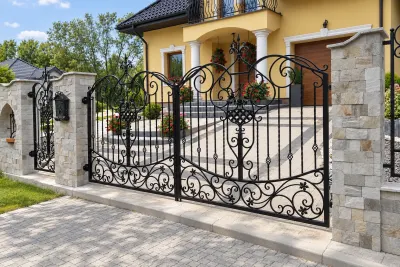 Kuta brama wjazdowa uchylna z ornamentyką klasyczną, model BU107 — odtworzone ujęcie oryginalne. Wizualizacja AI.