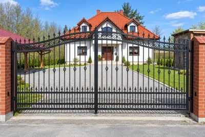 Kuta brama wjazdowa uchylna z ornamentyką klasyczną, model BU128 — odtworzone ujęcie oryginalne. Wizualizacja AI.
