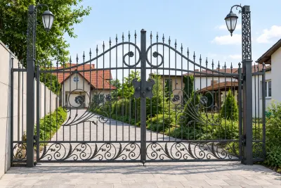 Kuta brama wjazdowa uchylna z ornamentyką klasyczną, model BU40 — odtworzone ujęcie oryginalne. Wizualizacja AI.