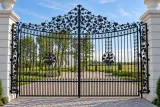 Kuta brama wjazdowa uchylna z ornamentyką pnączy winorośli, model BU98 — odtworzone ujęcie oryginalne. Wizualizacja AI.