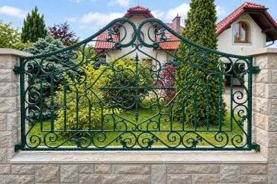 Kute ogrodzenie posesyjne z ornamentyką klasyczną, model OK85 — odtworzone ujęcie oryginalne. Wizualizacja AI.