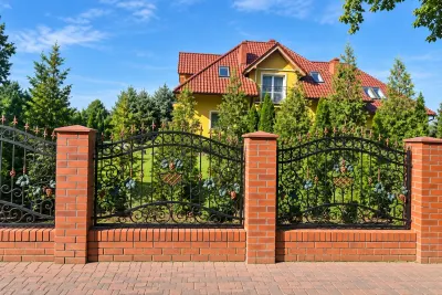 Kute ogrodzenie posesyjne z patynowanymi elementami winorośli, model mg18 — odtworzone ujęcie oryginalne. Wizualizacja AI.
