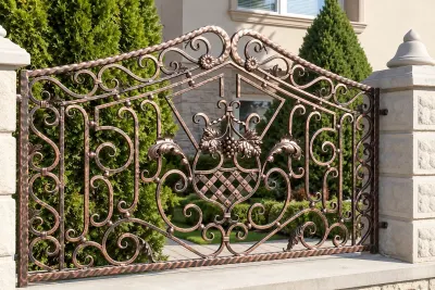 Kute przęsło ogrodzeniowe zdobione winoroślą, model OK65 — odtworzone ujęcie oryginalne. Wizualizacja AI.