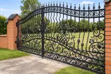 Ornamentalna brama kuta uchylna z detalem winorośli, model BU30 — odtworzone ujęcie oryginalne. Wizualizacja AI.