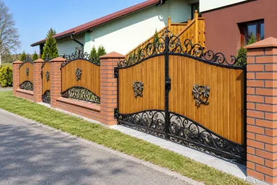Ornamentalne kute ogrodzenie stalowo-drewniane, model OK59 — odtworzone ujęcie oryginalne. Wizualizacja AI.