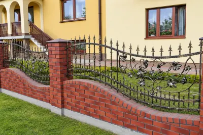 Ornamentalne ogrodzenie kute z motywem winorośli, model OK52 — odtworzone ujęcie oryginalne. Wizualizacja AI.