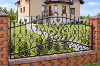 Ornamentalne przęsło ogrodzeniowe kute z motywem winorośli, model OK34 — odtworzone ujęcie oryginalne. Wizualizacja AI.