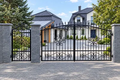 Ręcznie kuta brama wjazdowa dwuskrzydłowa z furtką, styl klasyczny, model BU137 — odtworzone ujęcie oryginalne. Wizualizacja AI.