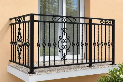 Zewnętrzna balustrada kuta: ornamentyka klasyczna, model BKZ71 — odtworzone ujęcie oryginalne. Wizualizacja AI.
